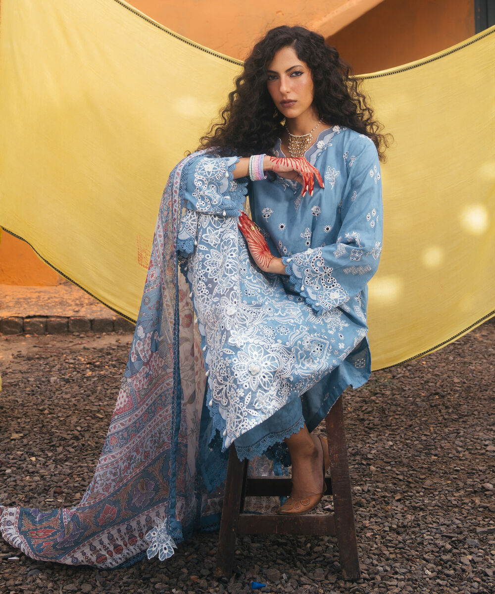 Women's RTW Self Jacquard Embroidered Blue 3 Piece Suit