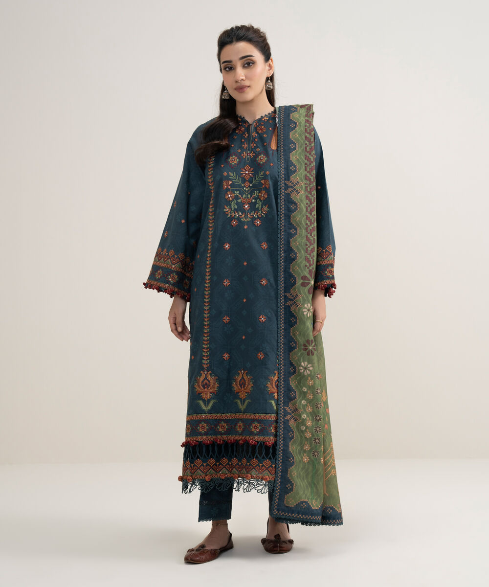 Women's Unstitched Lawn Embroidered Blue 3 Piece Suit