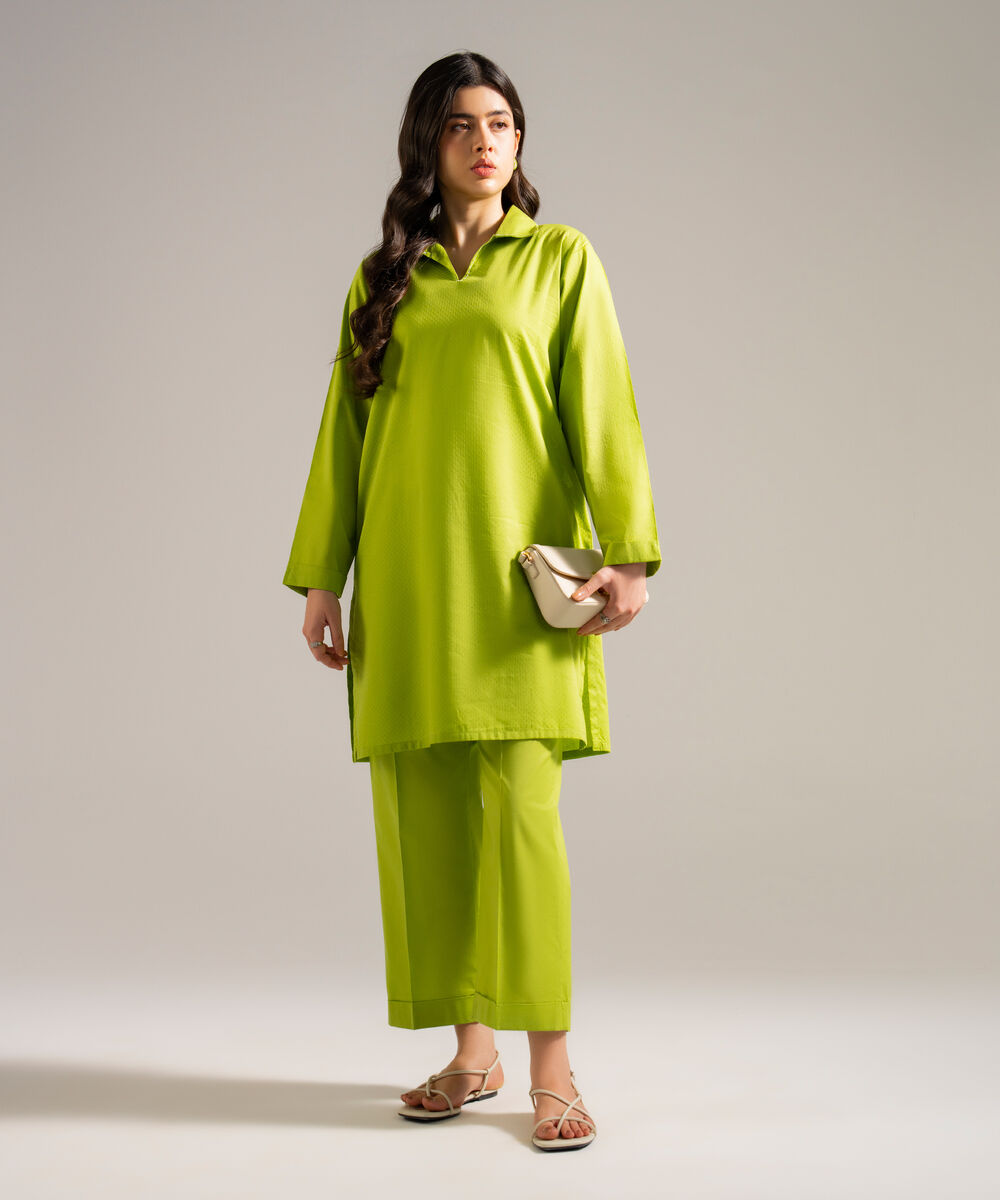 Women's RTW Dobby Solid Green Straight Shirt