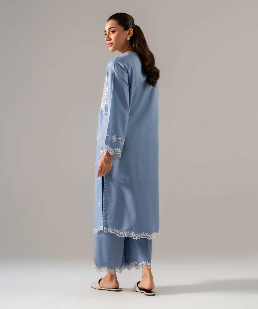 Women's RTW Dobby Solid Embroidered Blue 2 Piece Suit