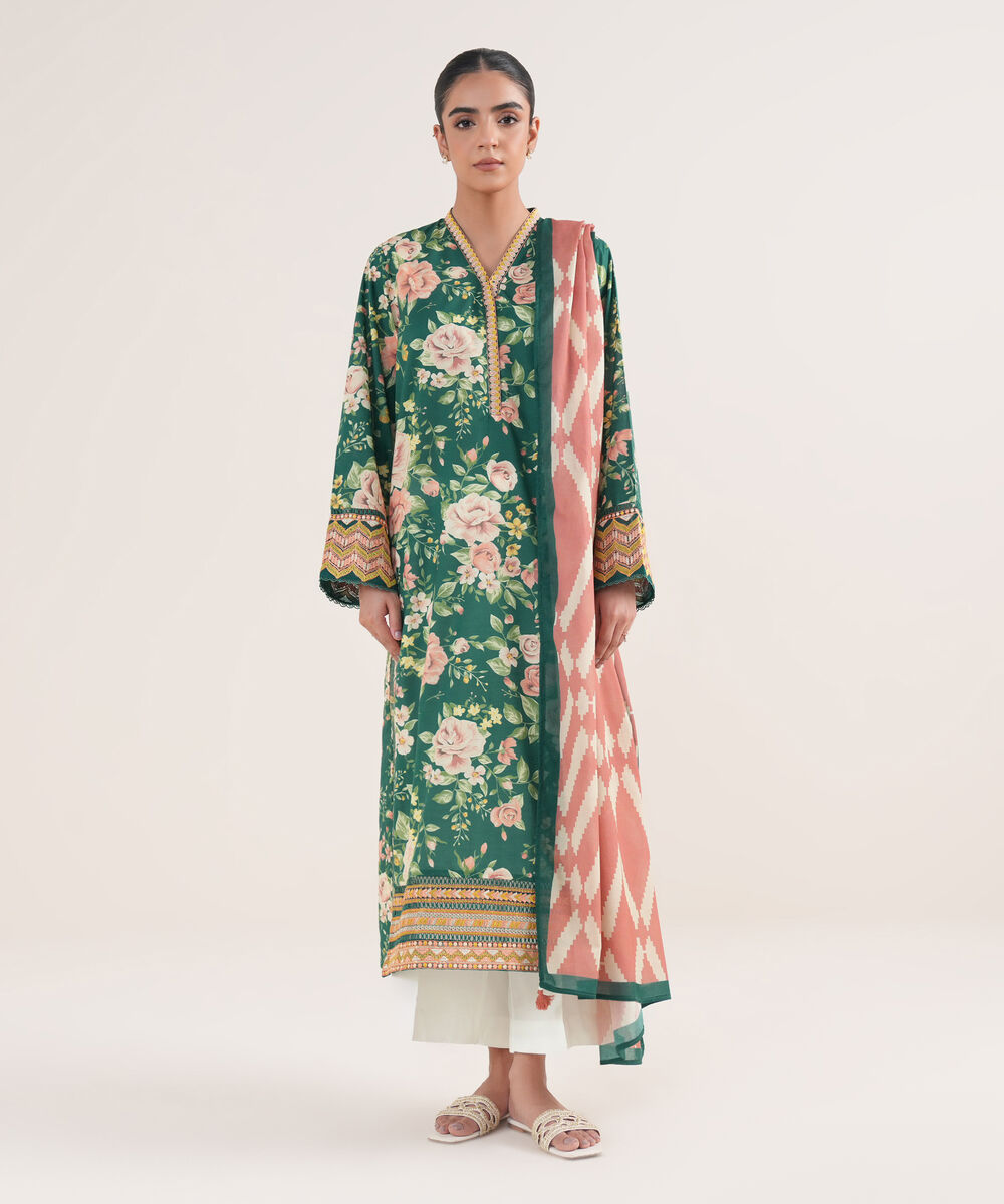 Women's RTW Textured Lawn Green Embroidered A-Line Shirt