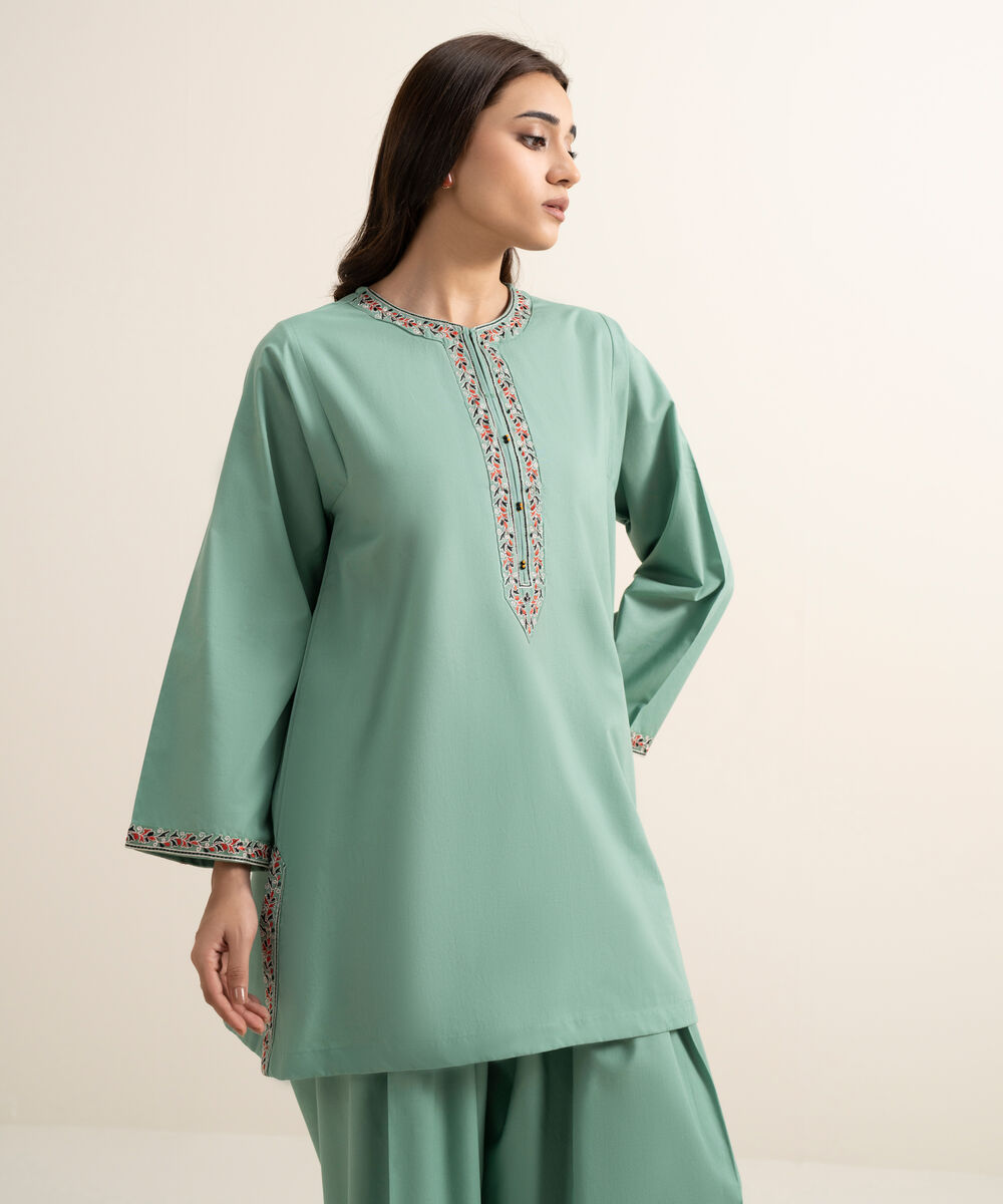Women's RTW Cambric Embroidered Green Boxy Shirt