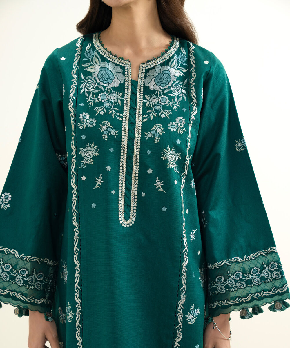 Women's Unstitched Cotton Net Embroidered Green 3 Piece Suit
