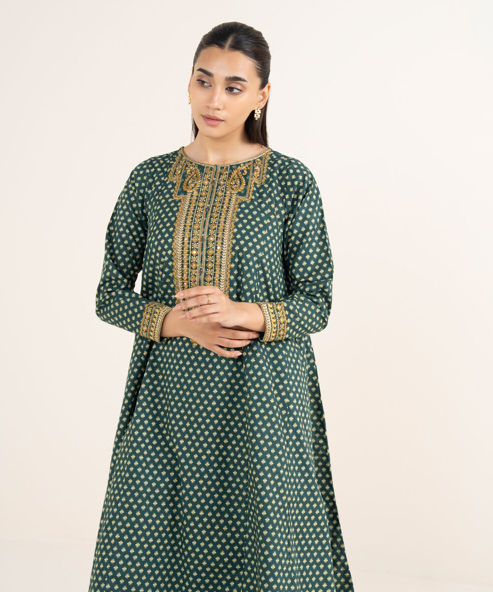 Women's RTW Cambric Green Embroidered A-Line Shirt