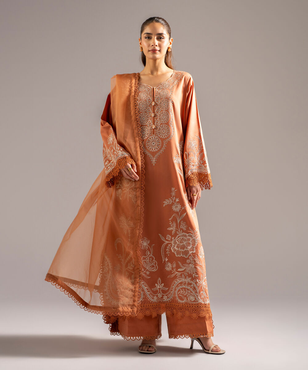 Women's RTW Cotton Satin Embroidered Muted Orange 3 Piece Suit