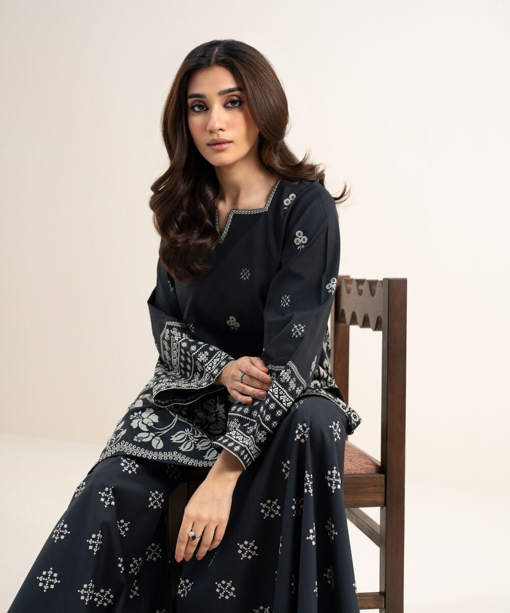 Women's Unstitched Lawn Printed Black and Off White 2 Piece Suit