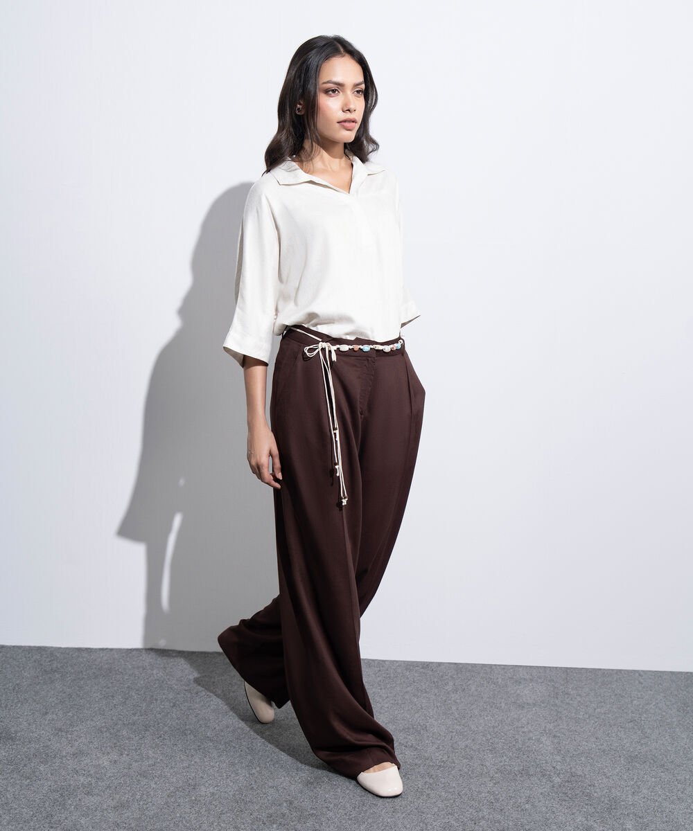 Women's Western Brown Straight Fit Pleated Trouser