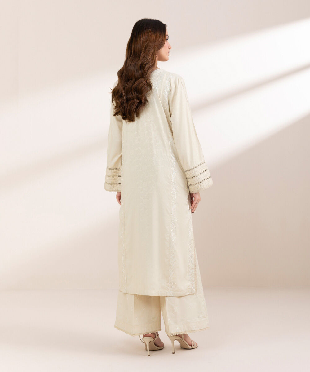 Women's Pret Cotton Jacquard Beige Embroidered A-Line Shirt