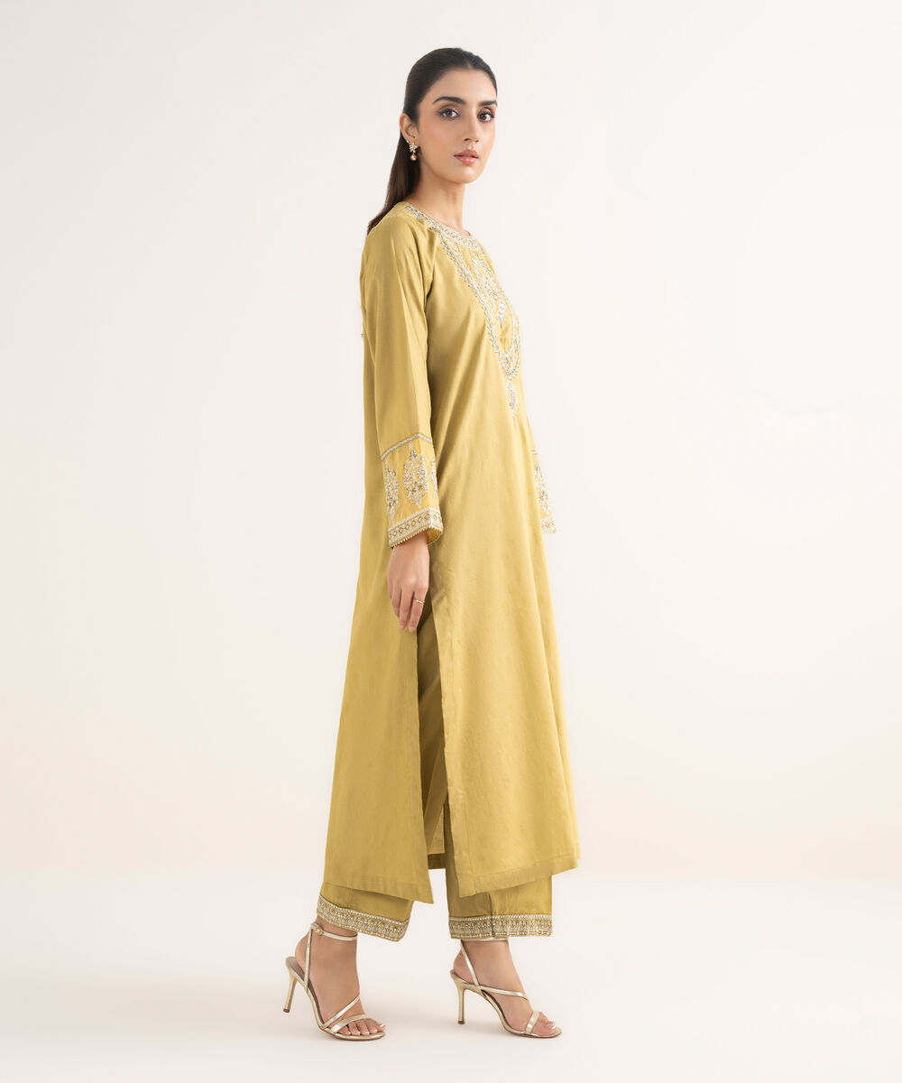 Women's RTW Self Jacquard Leno Embroidered Yellow A-Line Shirt