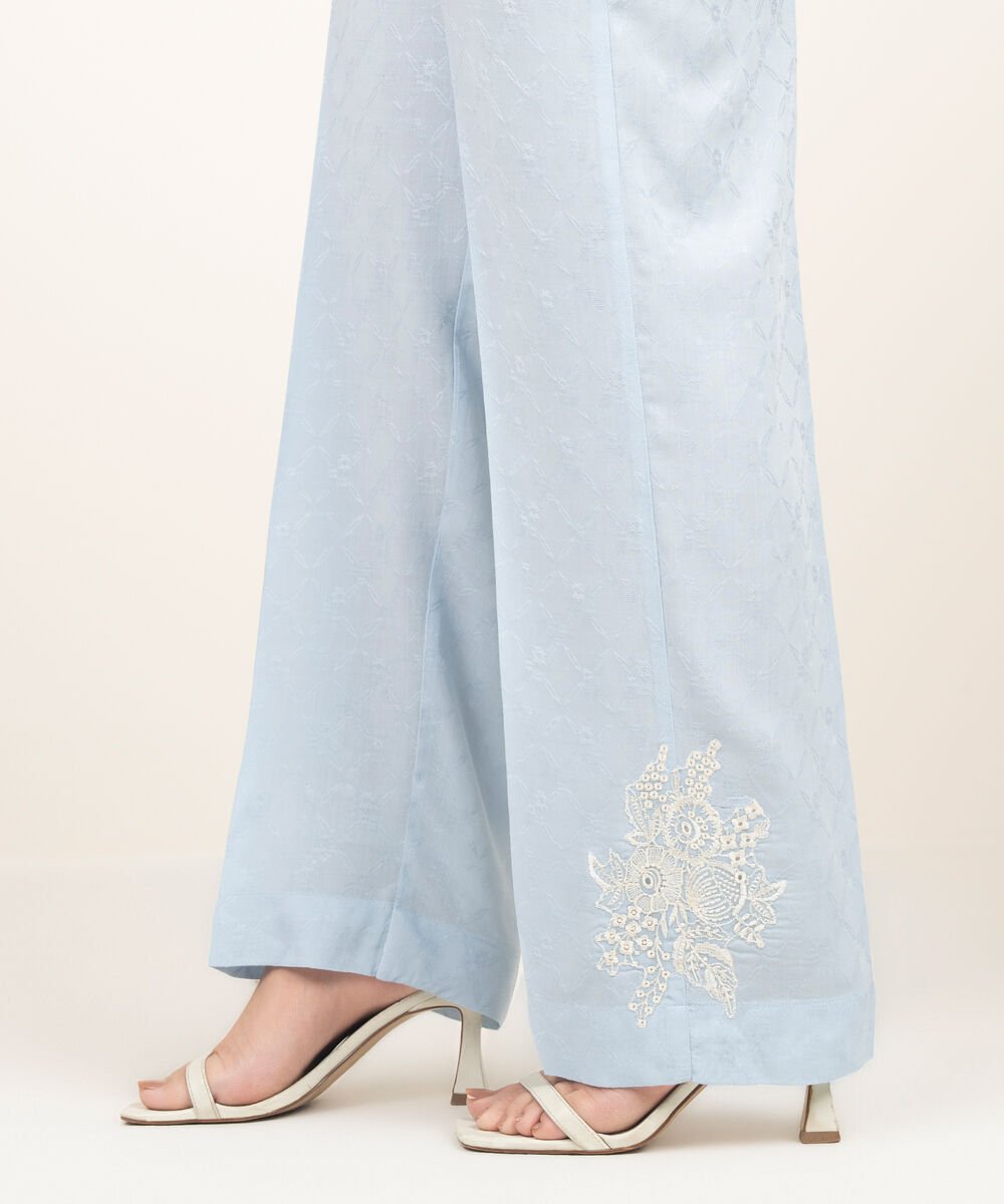 Women's RTW Arabic Self Jacquard Embroidered Blue Straight Pants