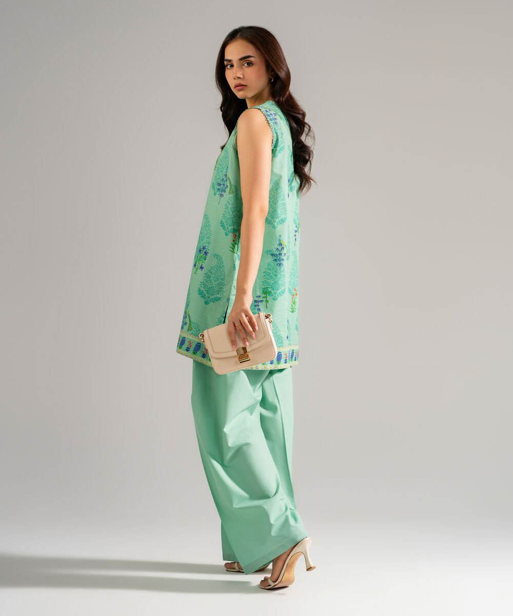 Women's RTW Slub Lawn Printed Seafoam Green Straight Shirt
