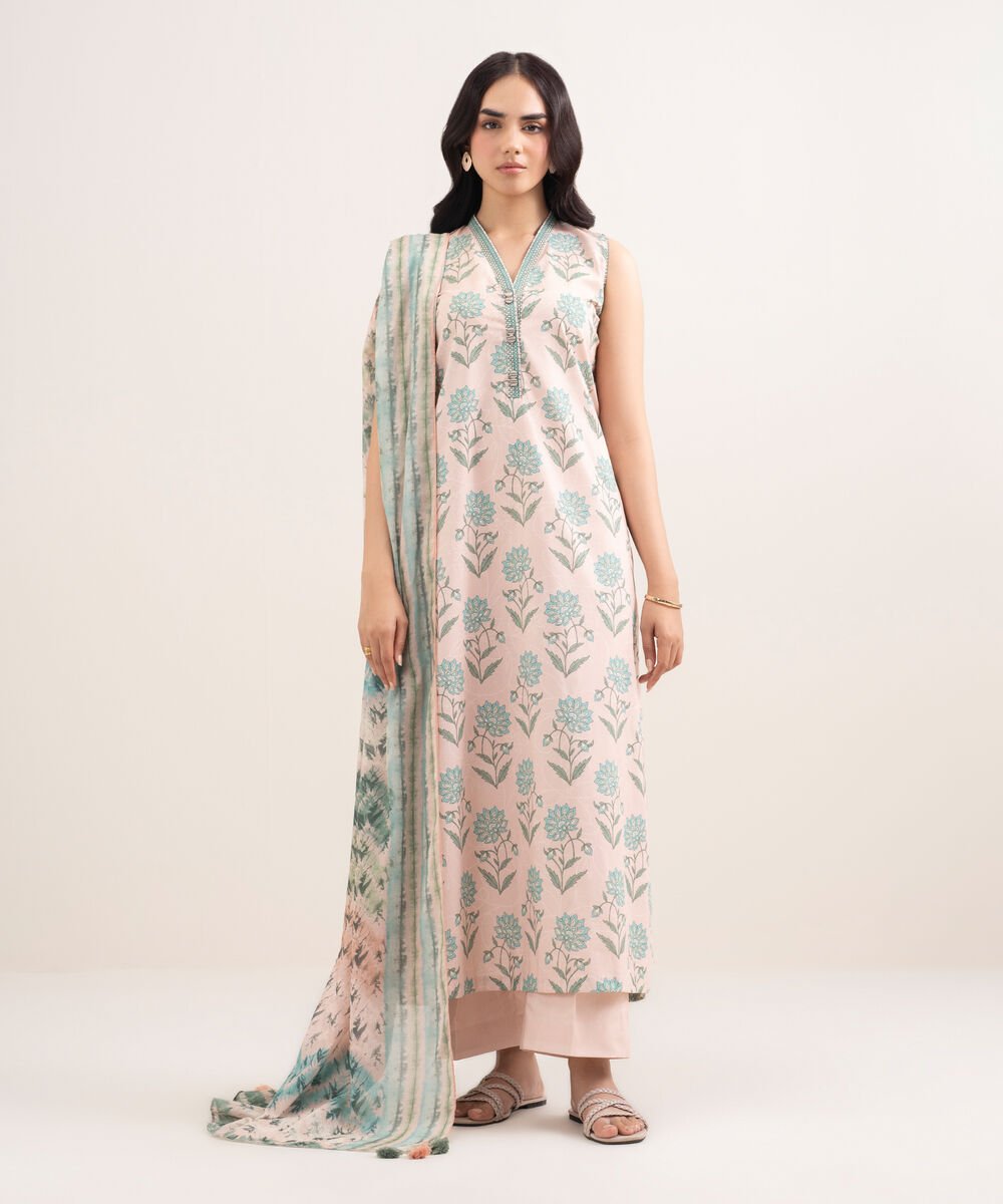 Women's Unstitched Lawn Printed Pink 3 Piece Suit