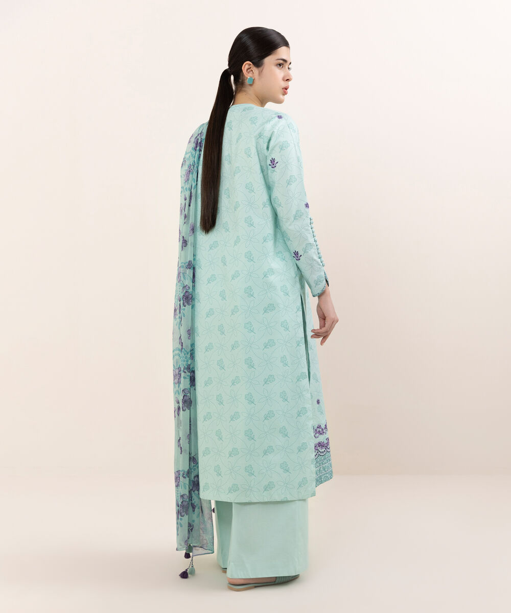 Women's Unstitched Cotton Embroidered Aqua Three Piece Suit