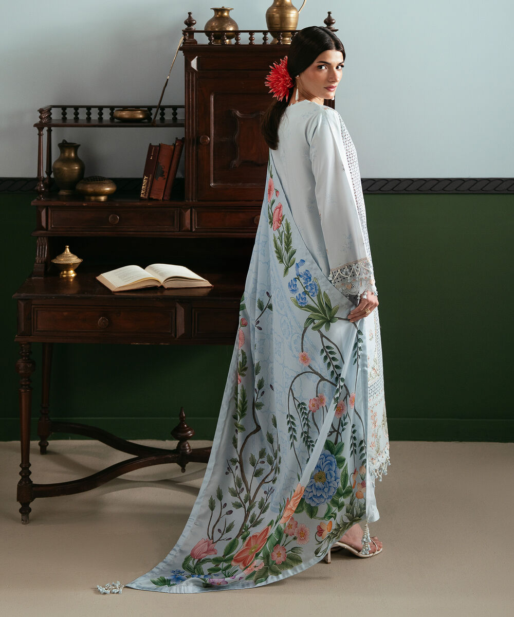 Women's Unstitched Lawn Embroidered Blue 3 Piece Suit