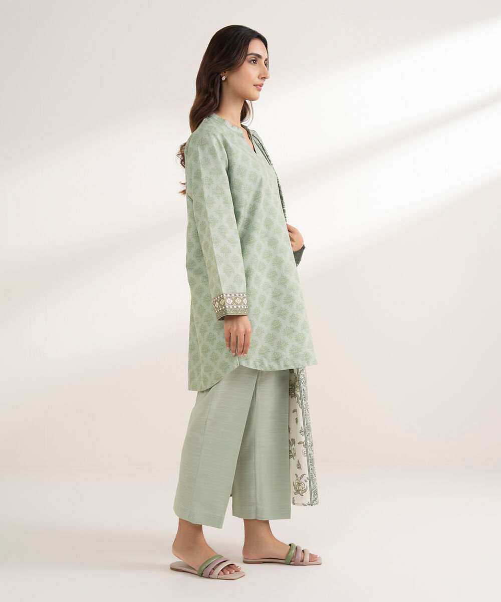 Women's RTW Khaddar Printed Green 3 Piece Suit