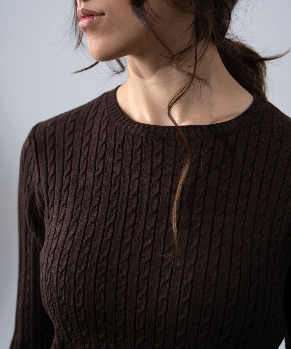 Women's Western Wear Brown Textured Cable-Knit Jumper