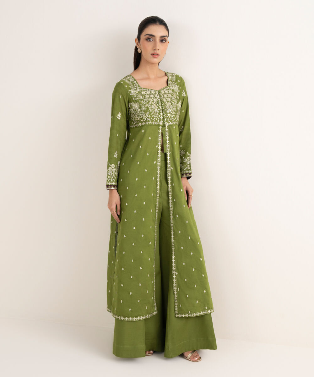 Women's RTW Textured Cotton Embroidered A-Line Green Shirt