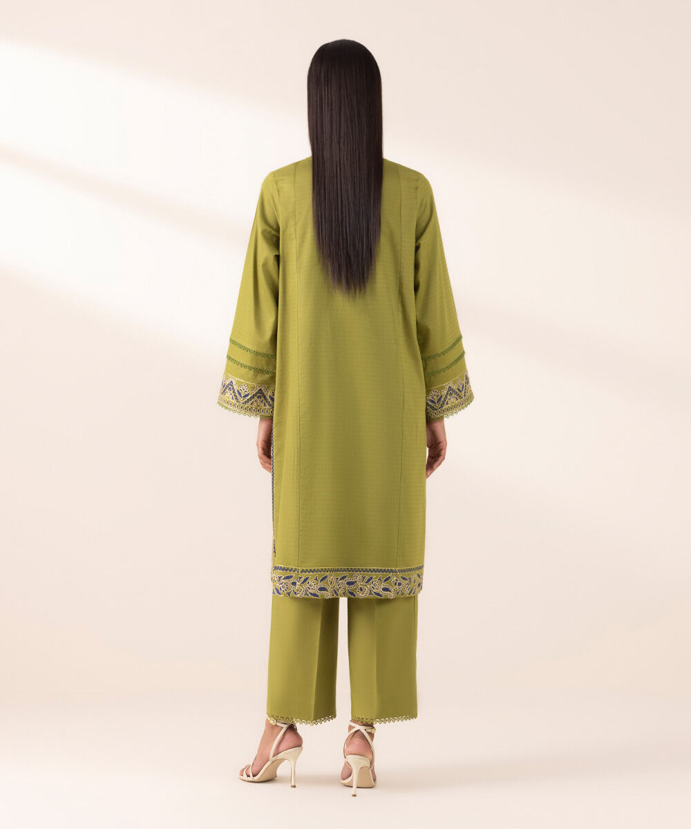 Women's Pret Dobby Green Embroidered A-Line Shirt