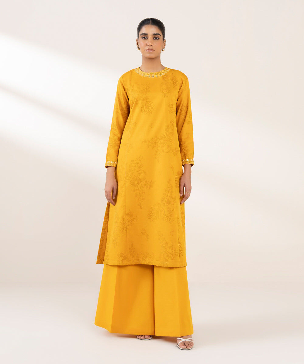 Woman - Yellow Embroidered Cotton Jacquard Shirt