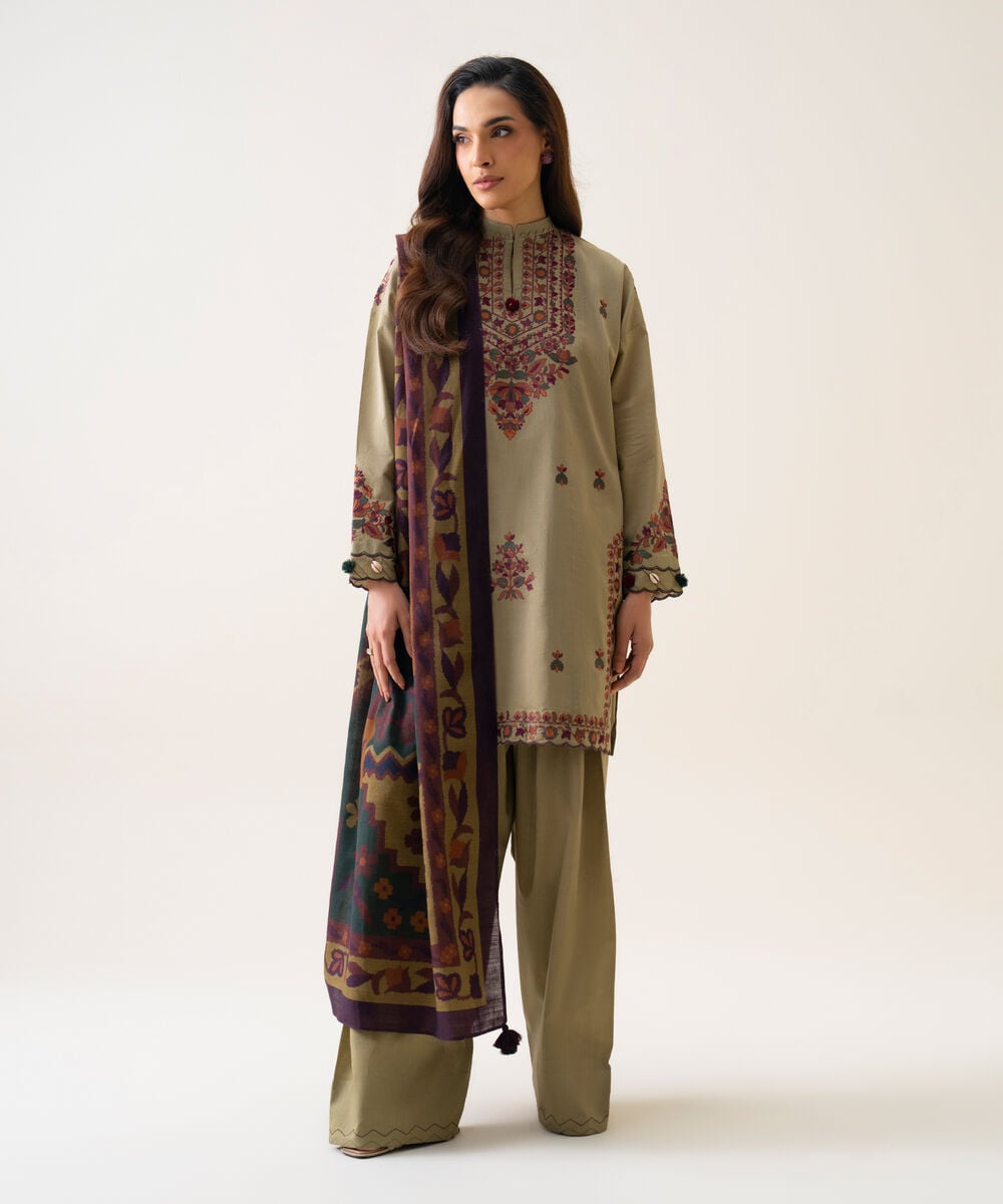 Women's Unstitched Textured Cotton Embroidered Beige 3 Piece Suit