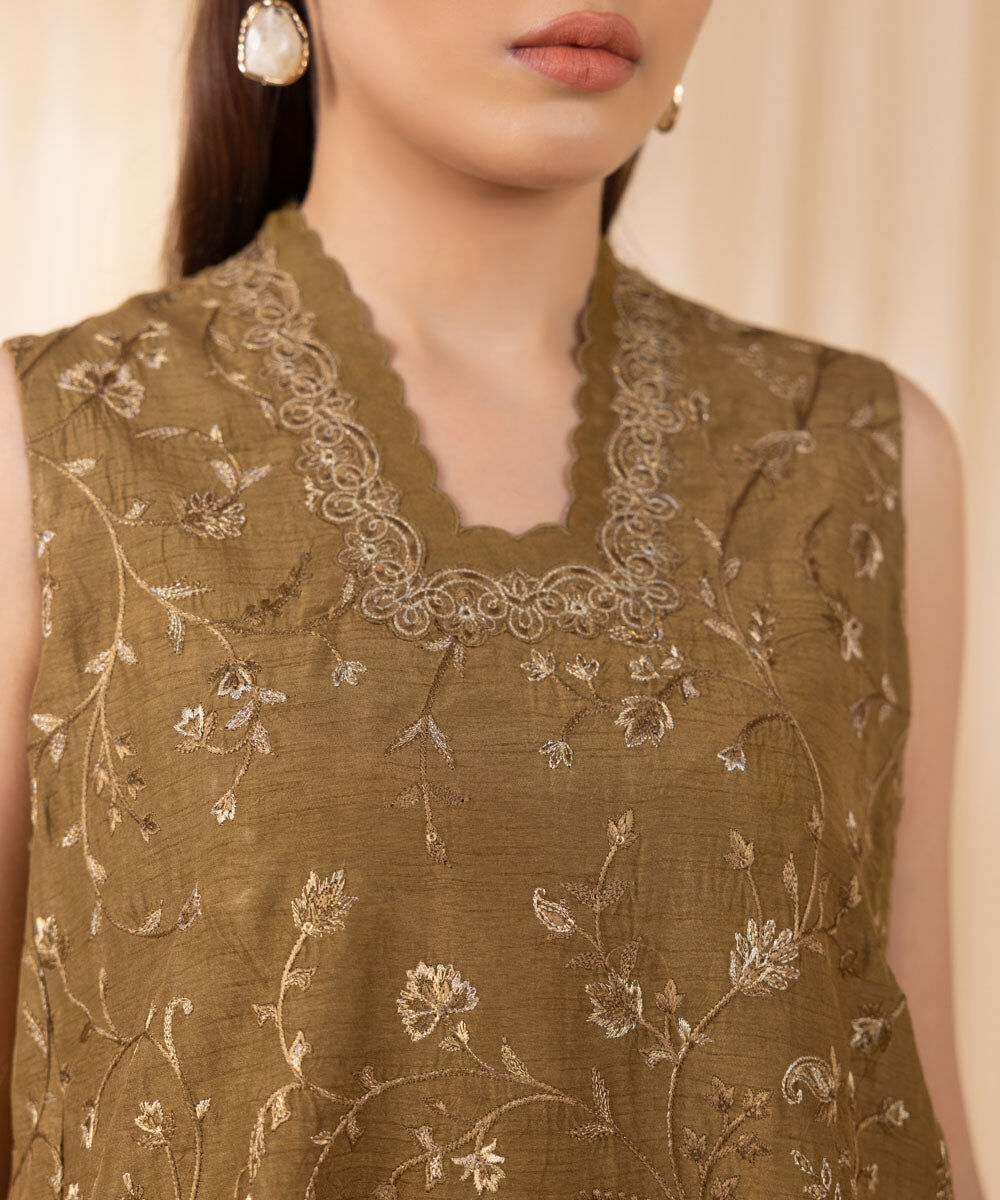 Women's Unstitched Olive Raw Silk Three Piece Suit