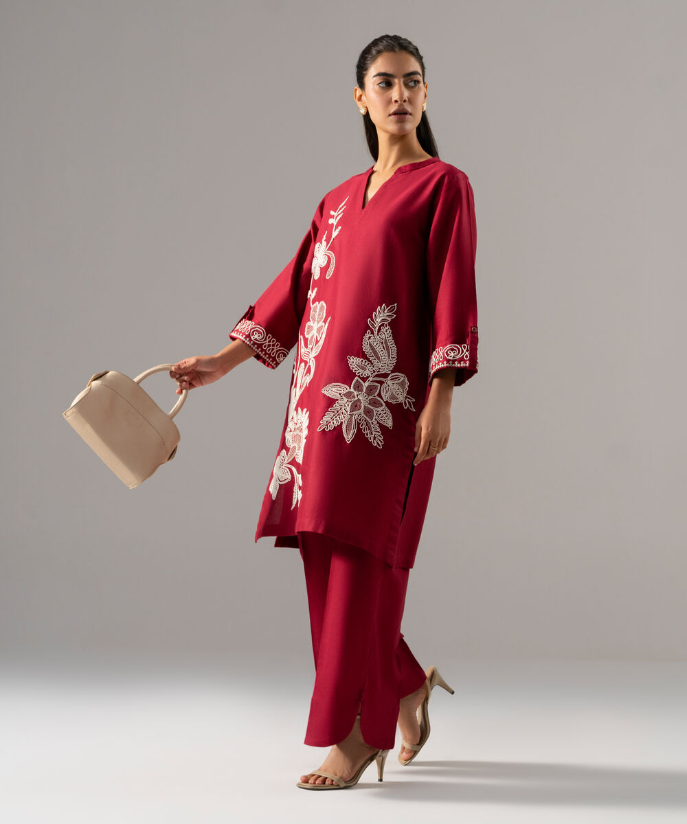 Women's RTW Cotton Linen Embroidered Red 2 Piece Suit