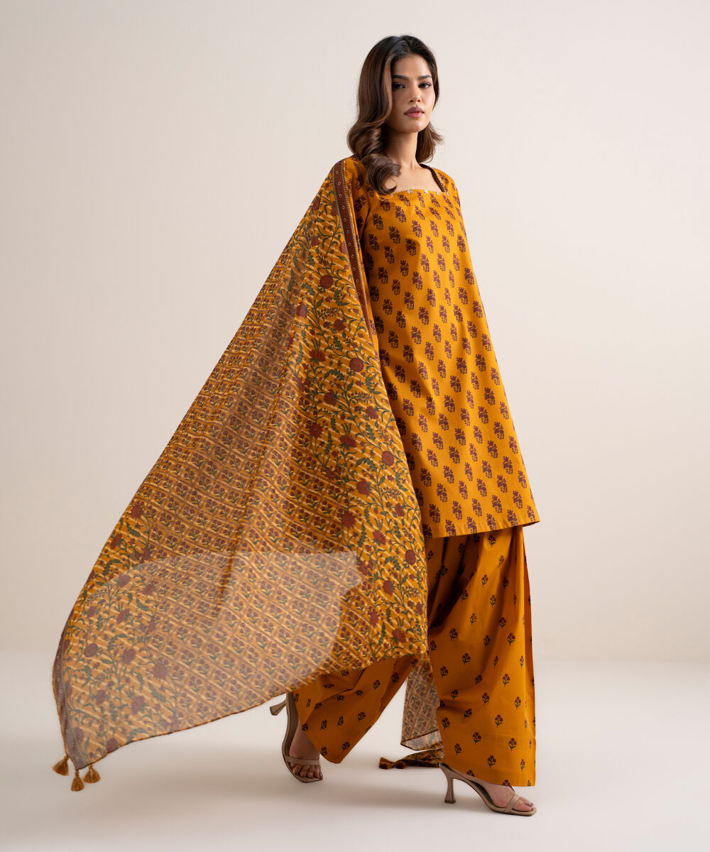 Women's Unstitched Lawn Printed Yellow and Red 3 Piece Suit