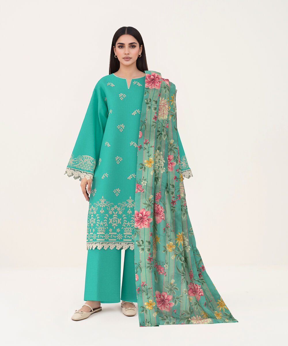 Women's Unstitched Self Jacquard Sea Green Embroidered 3 Piece Suit