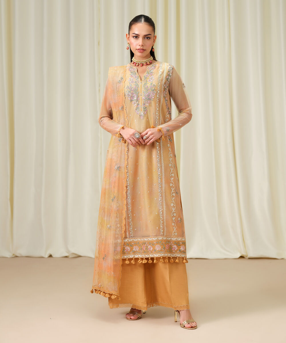 Women's Unstitched Blended Net Embroidered Yellow 3 Piece Suit