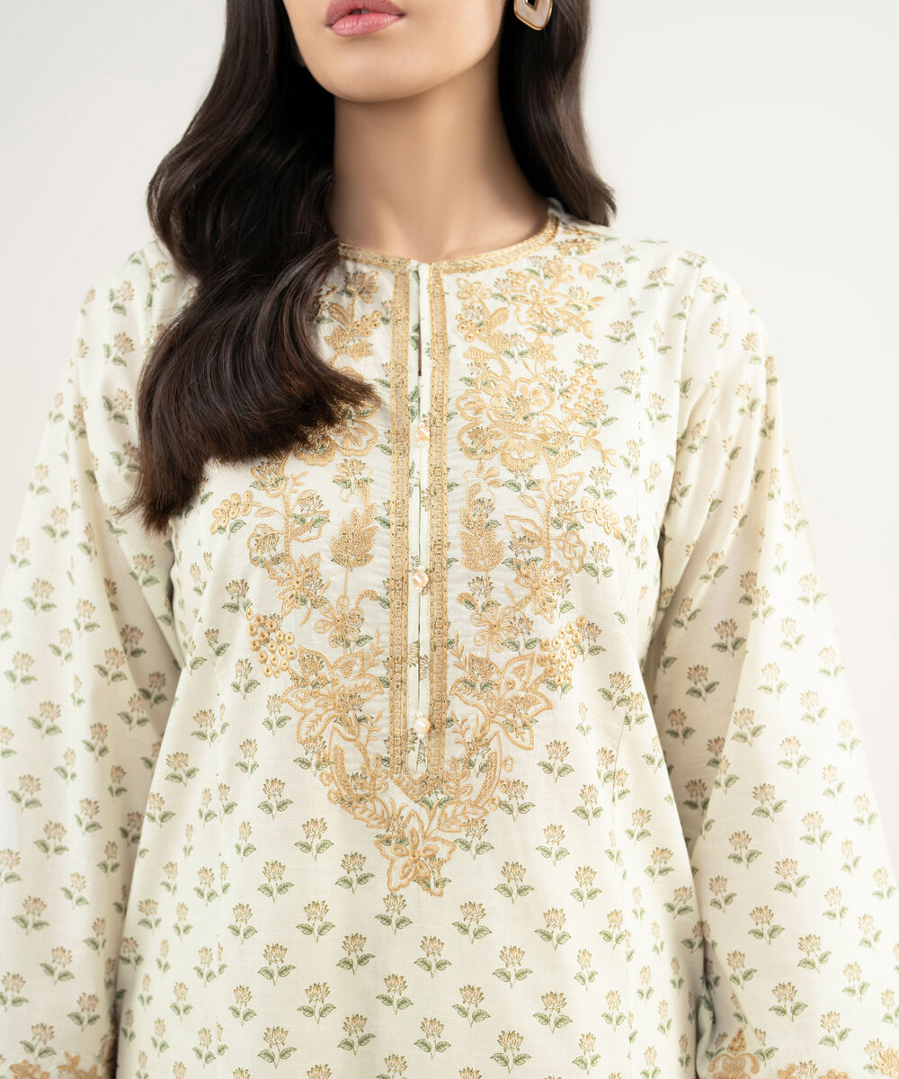 Women's RTW Slub Lawn Embroidered Mint Green A-Line Shirt