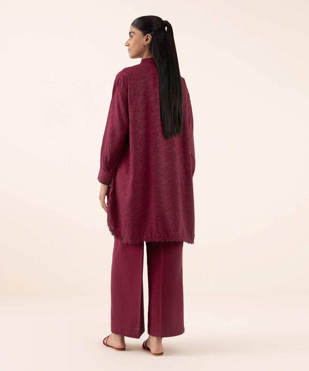 Women's RTW  Arabic Self Jacquard Leno  Pink Dyed Drop Shoulder Shirt