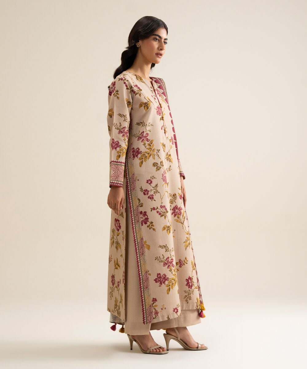 Women's Unstitched Premium Khaddar Printed Beige 3 Piece Suit