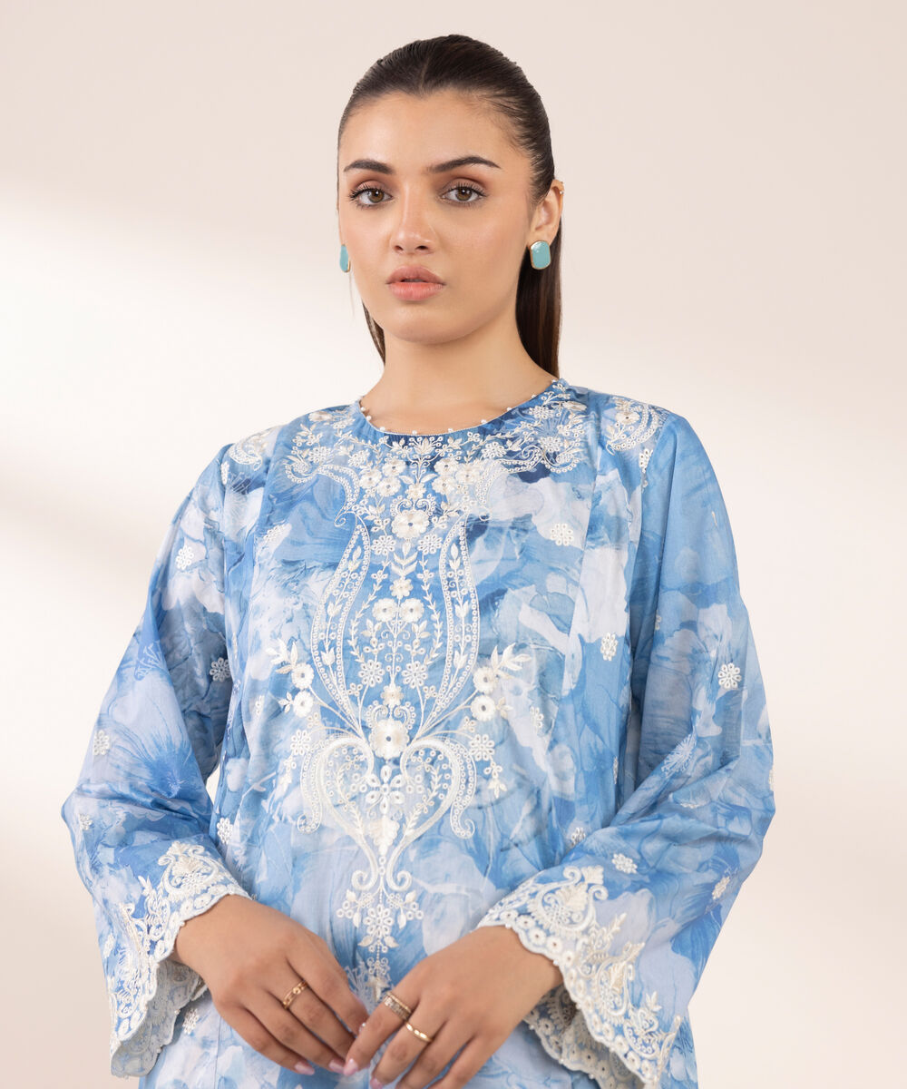 Women's RTW Lawn Blue Embroidered A-Line Shirt
