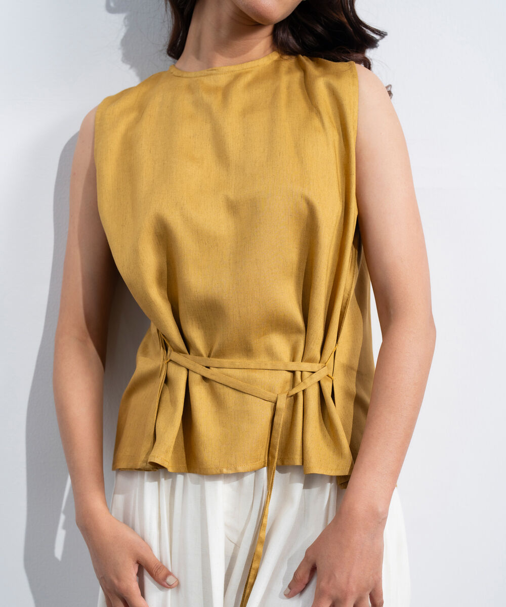 Women's Western Mustard Linen Blend Sleeveless Top