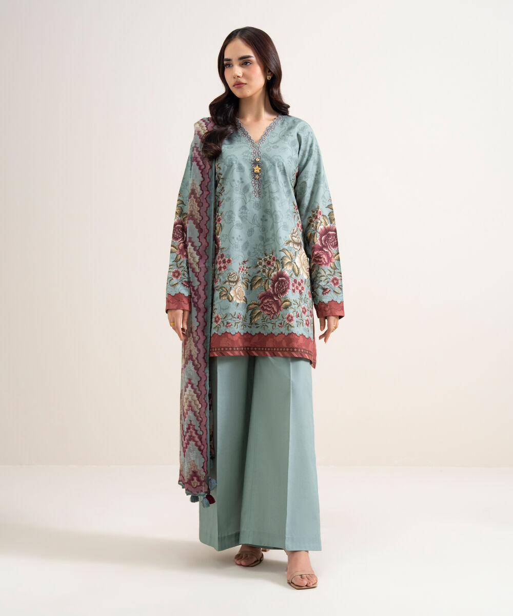 Women's Unstitched Cotton Printed Blue  3 Piece Suit