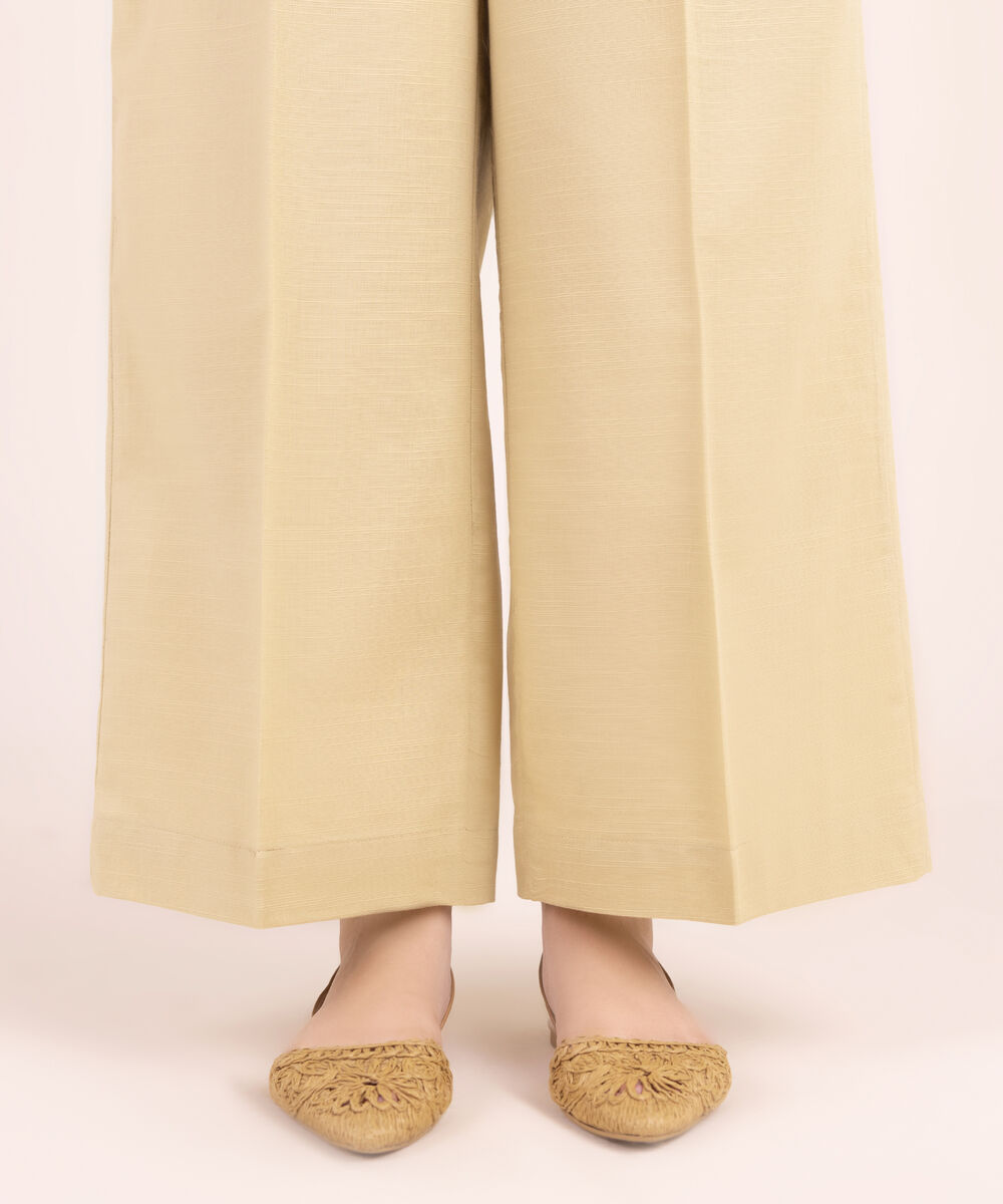 Women's RTW Khaddar Solid Beige Flared Pants