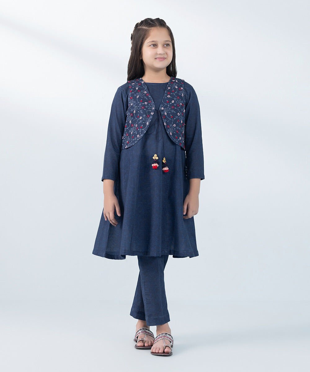 3 Piece - Embroidered Khaddar Suit Kids East Girl's Blue 3 Piece Embroidered Khaddar Suit