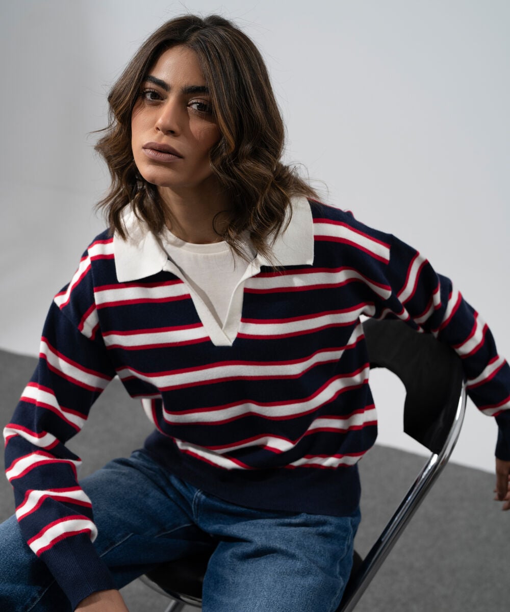 Women's Western Wear Navy Blue And Red Striped Polo Neck Sweater