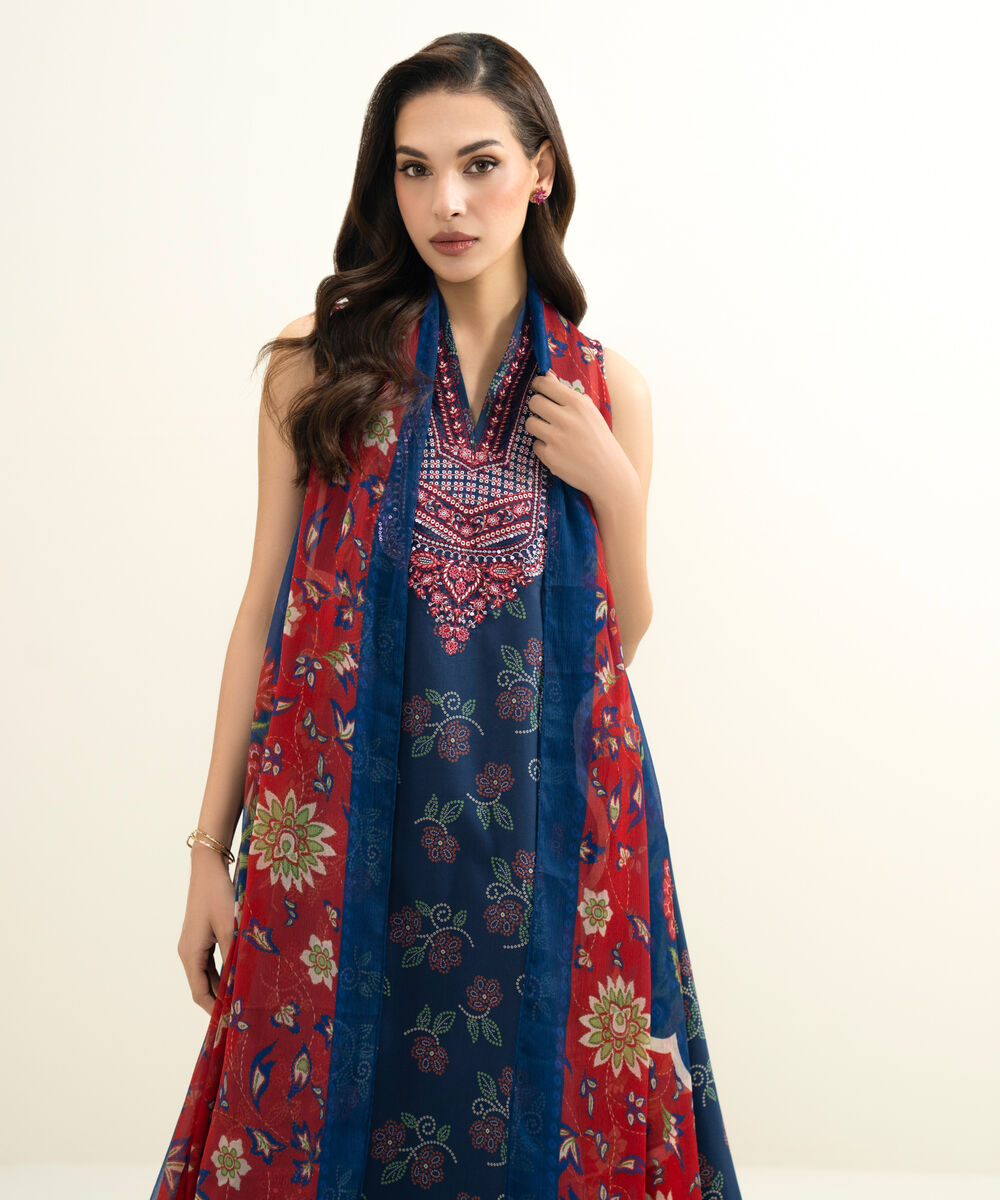 Women's Unstitched Lawn Embroidered Blue 3 Piece Suit