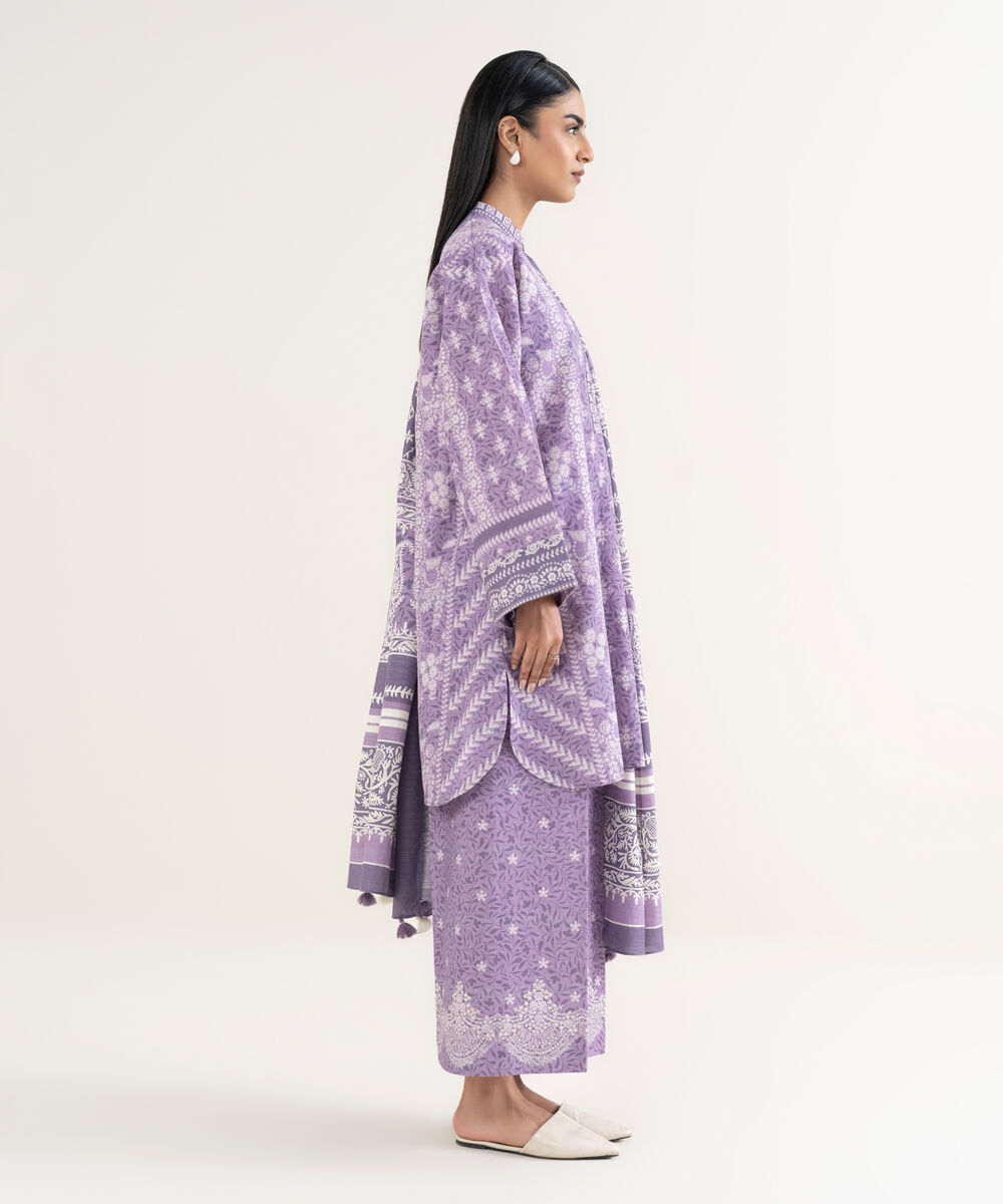 Women's Unstitched Printed Khaddar Lilac and Off White 3 Piece Suit