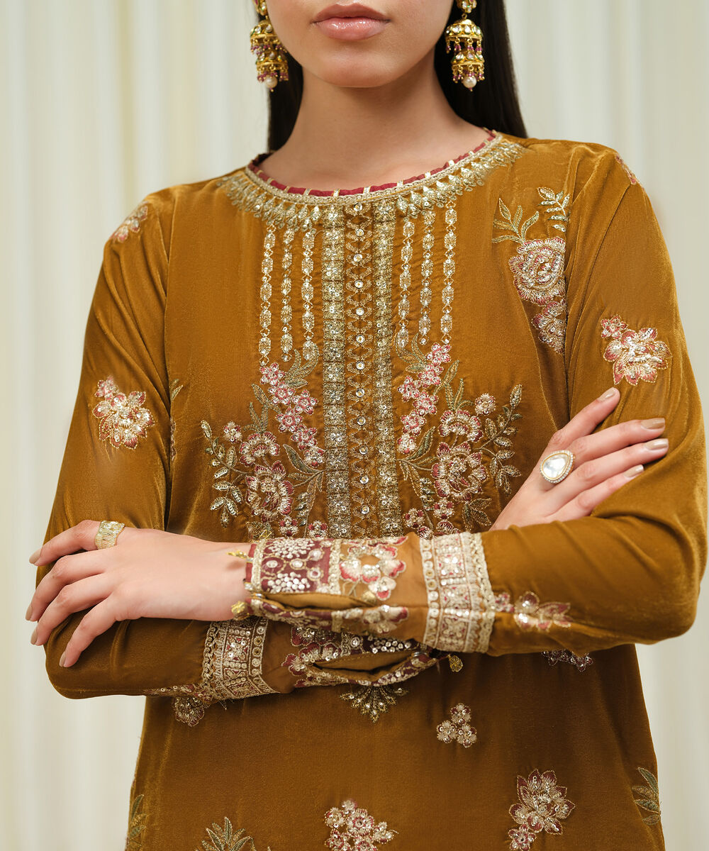 Women's Unstitched Velvet Embroidered Brown 3 Piece Suit