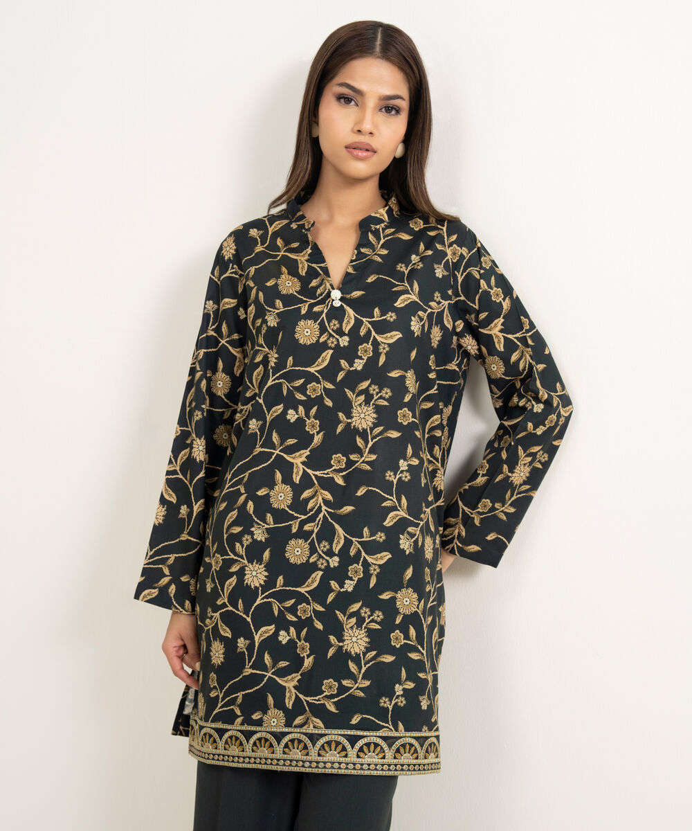 Women's RTW Cotton Viscose Embroidered Black Straight Shirt