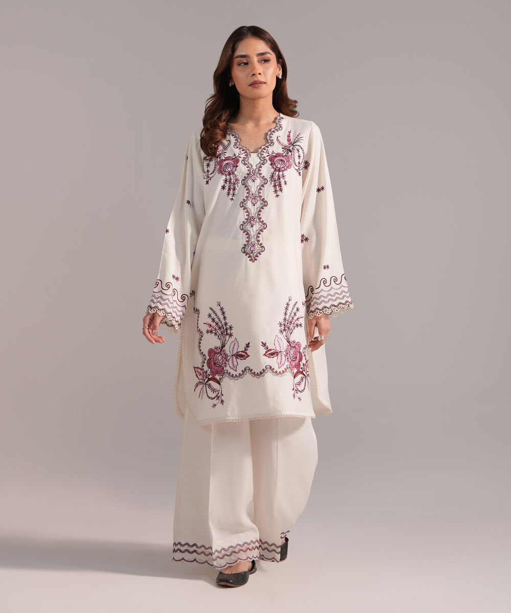 Women's RTW Viscose Raw Silk Embroidered Cream White 2 Piece Suit