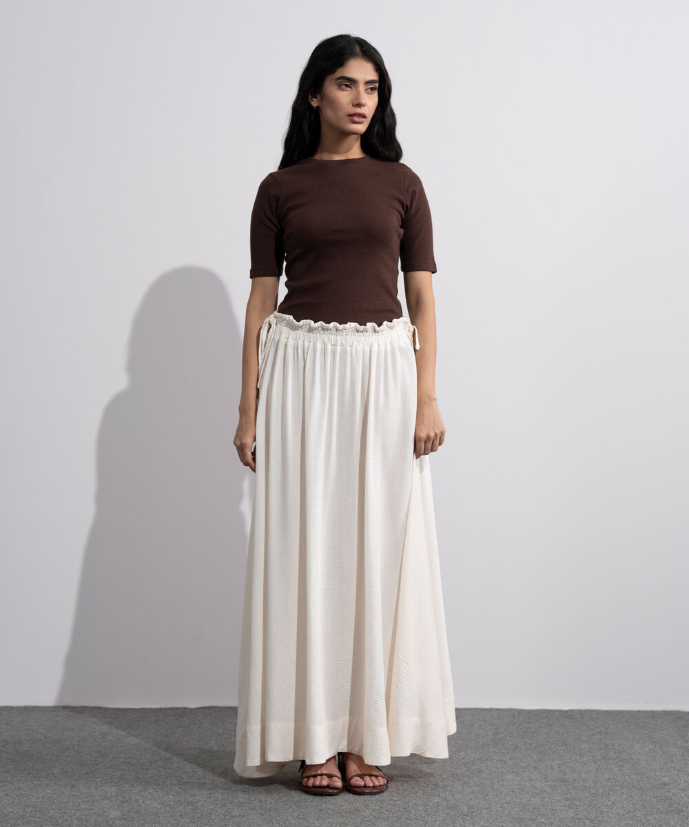 Women's Off White Smocked Skirt With Tie Detail