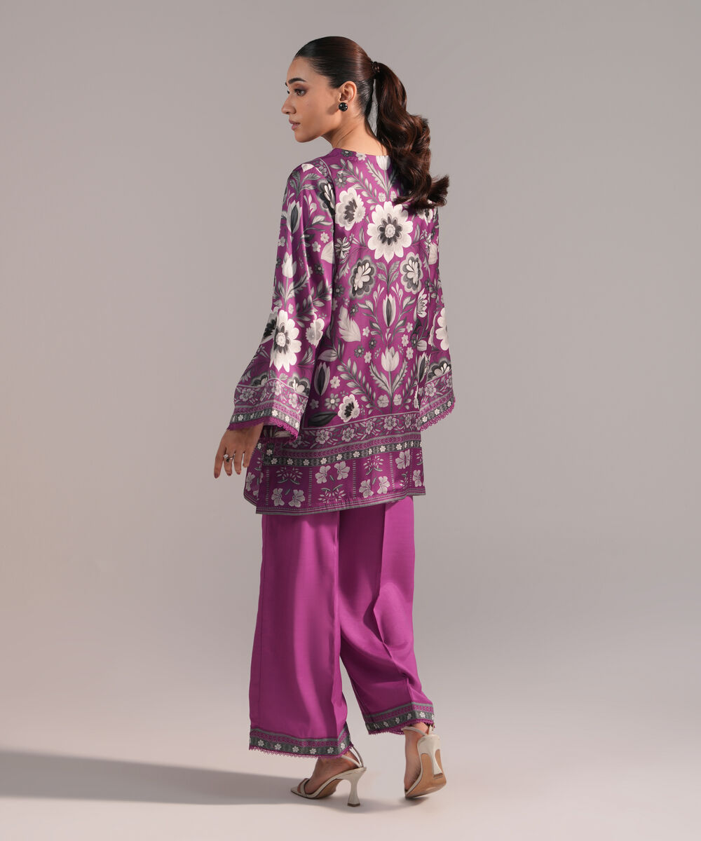 Women's RTW Blended Satin Printed Purple 2 Piece Suit