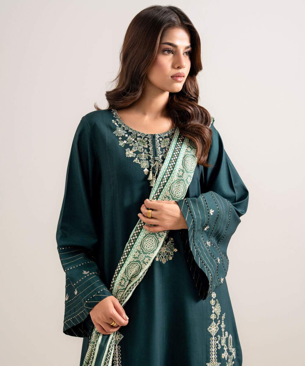 Women's Unstitched Embroidered Linen Teal Green 3 Piece Suit