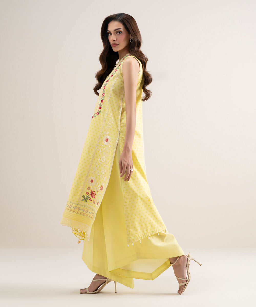 Women's Unstitched Lawn Embroidered Yellow  3 Piece Suit