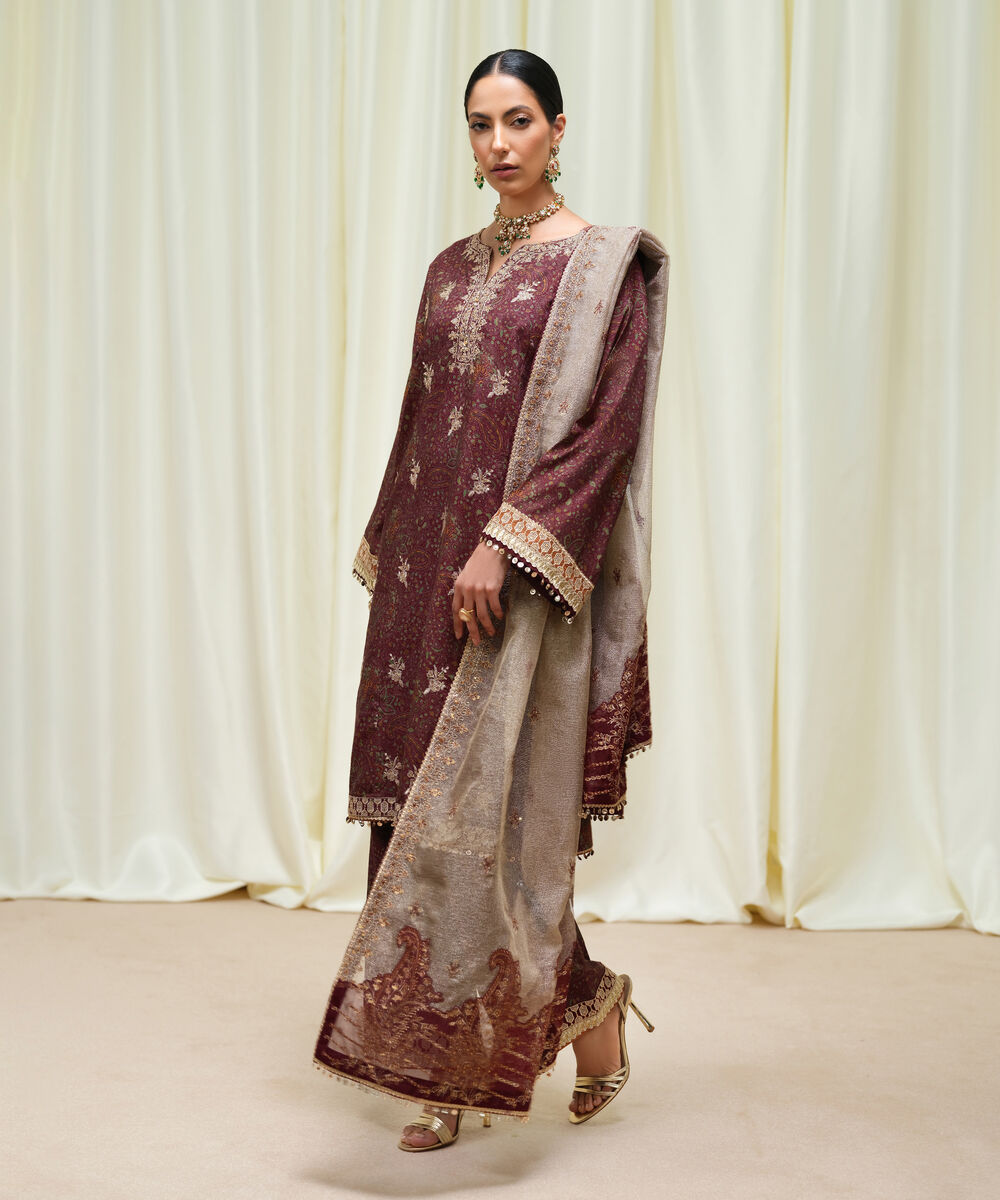 Women's Unstitched Viscose Raw Silk Printed Three Piece Suit