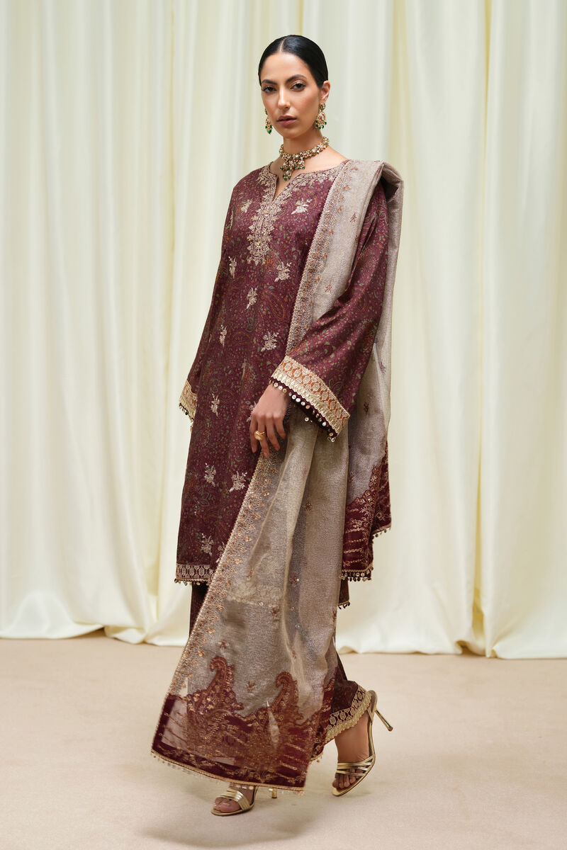 3 Piece - Embroidered Raw Silk Suit