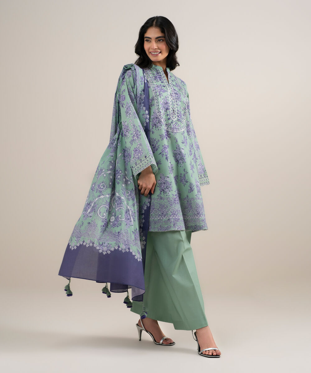 Women's Unstitched Lawn Embroidered Green and Purple 3 Piece Suit